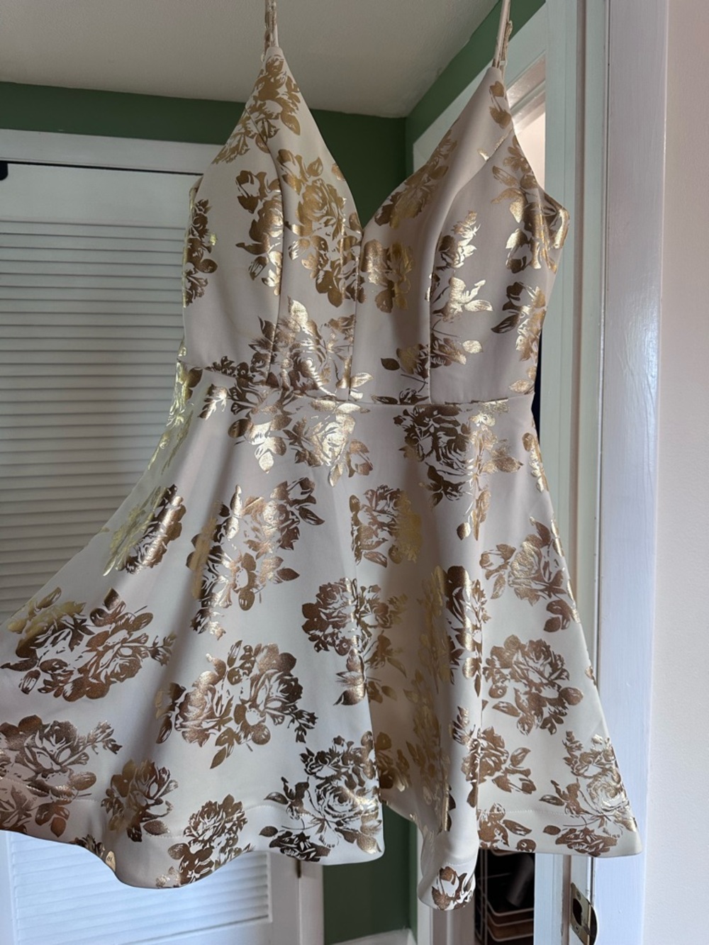 Cream and Gold Floral Fit-and-Flare Dress